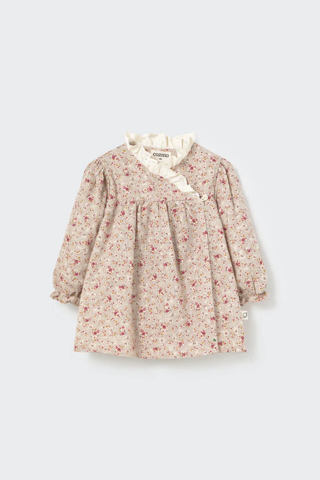Mélange Floral Flannel Baby Dress, Stone