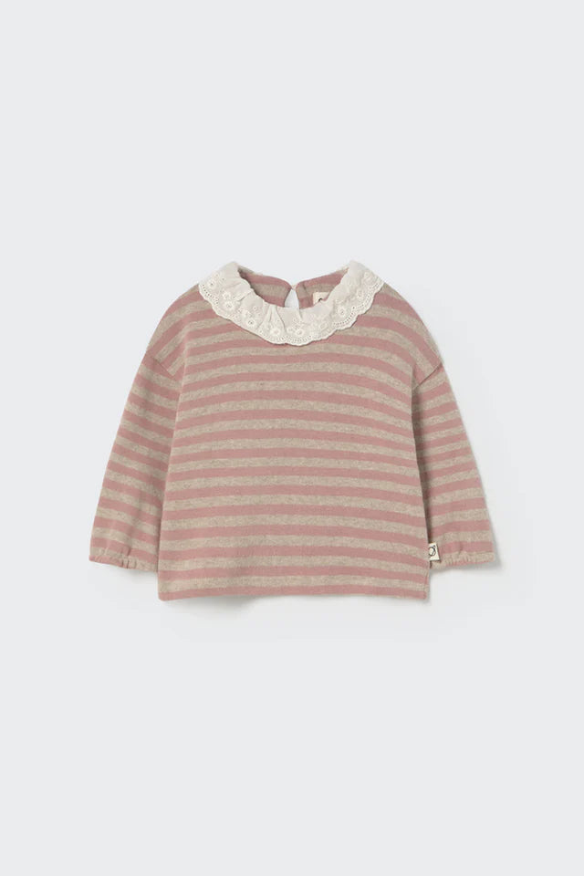 Soft Stripes Knit Baby Collar Sweater, Silver Pink