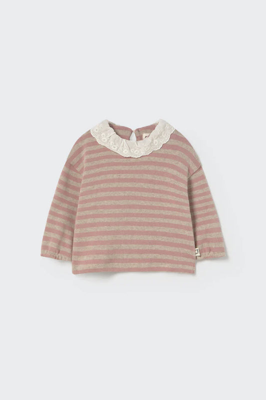 Soft Stripes Knit Baby Collar Sweater, Silver Pink