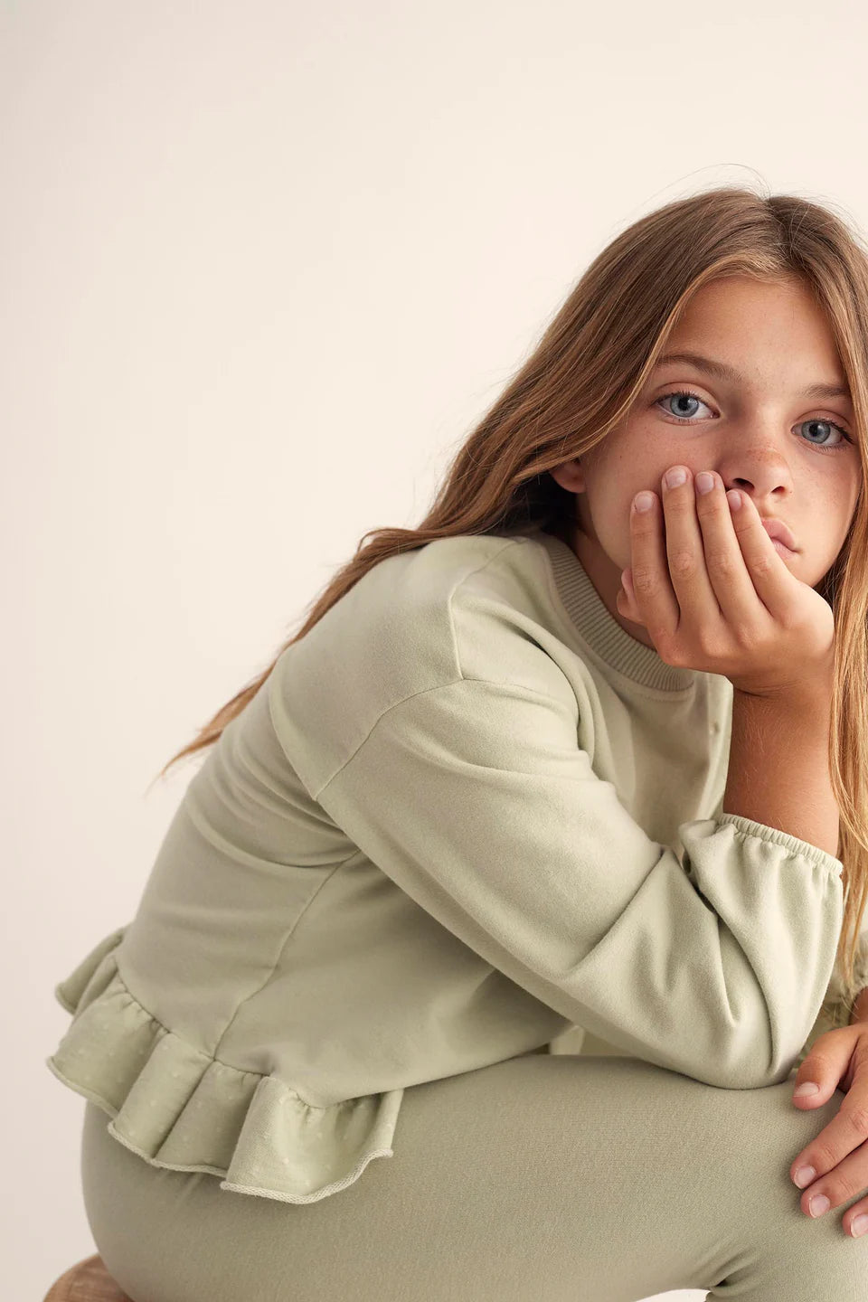 Cozmo Soft Plush Flounce Sweatshirt, Tender Green