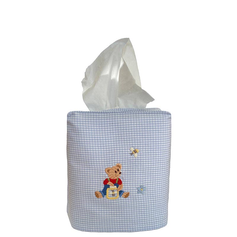 Blue Gingham Tissue Box Cover With Teddy Bear