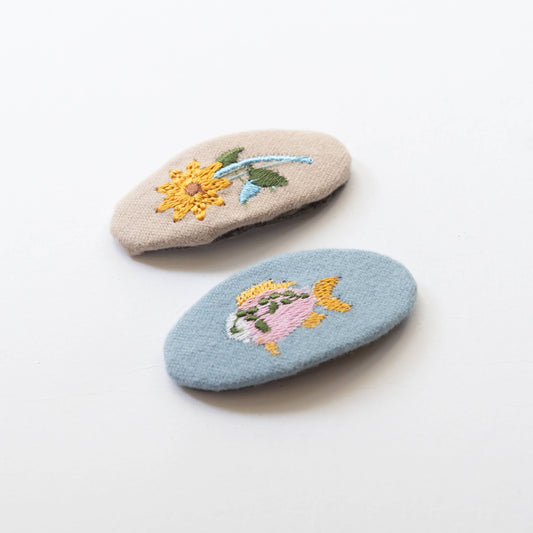 Oval Embroidered Floral and Fish Snap Hair Clips