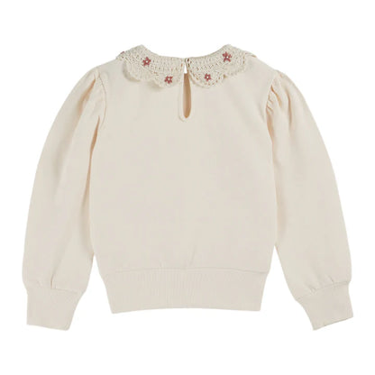 Embroidered Cherry Collar Sweatshirt, Creme