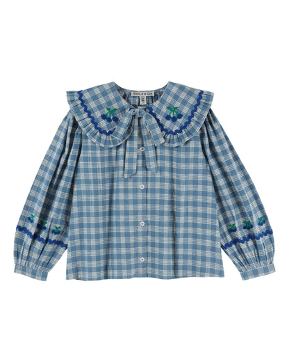 Checked Large Collar Blouse, Blue Gingham