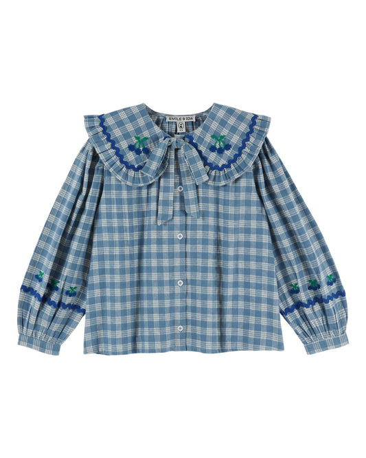 Checked Large Collar Blouse, Blue Gingham