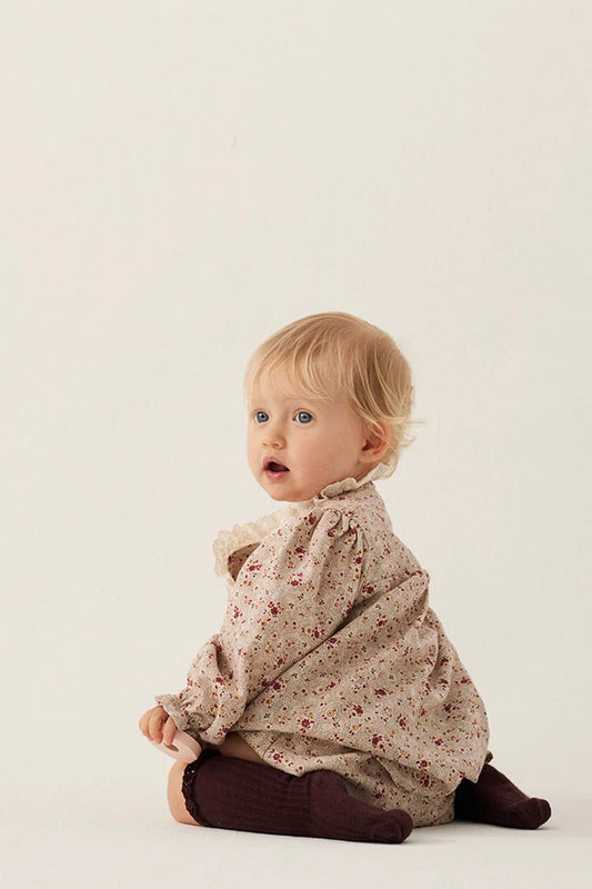 Mélange Floral Flannel Baby Dress, Stone