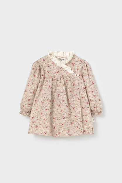 Mélange Floral Flannel Baby Dress, Stone