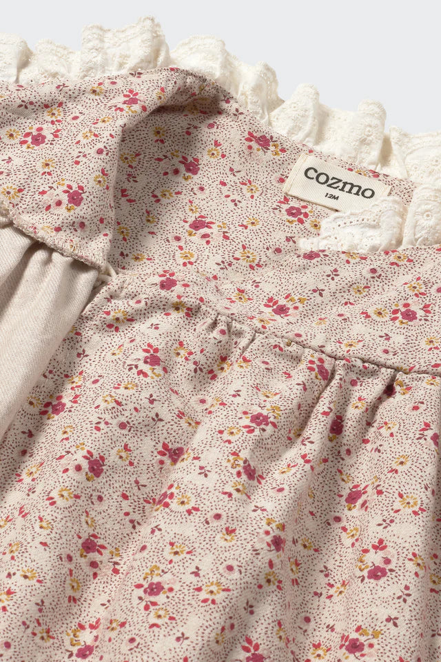 Mélange Floral Flannel Baby Dress, Stone