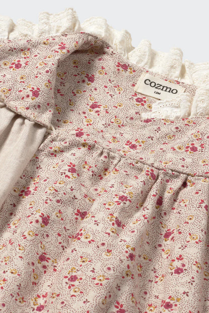 Mélange Floral Flannel Baby Dress, Stone
