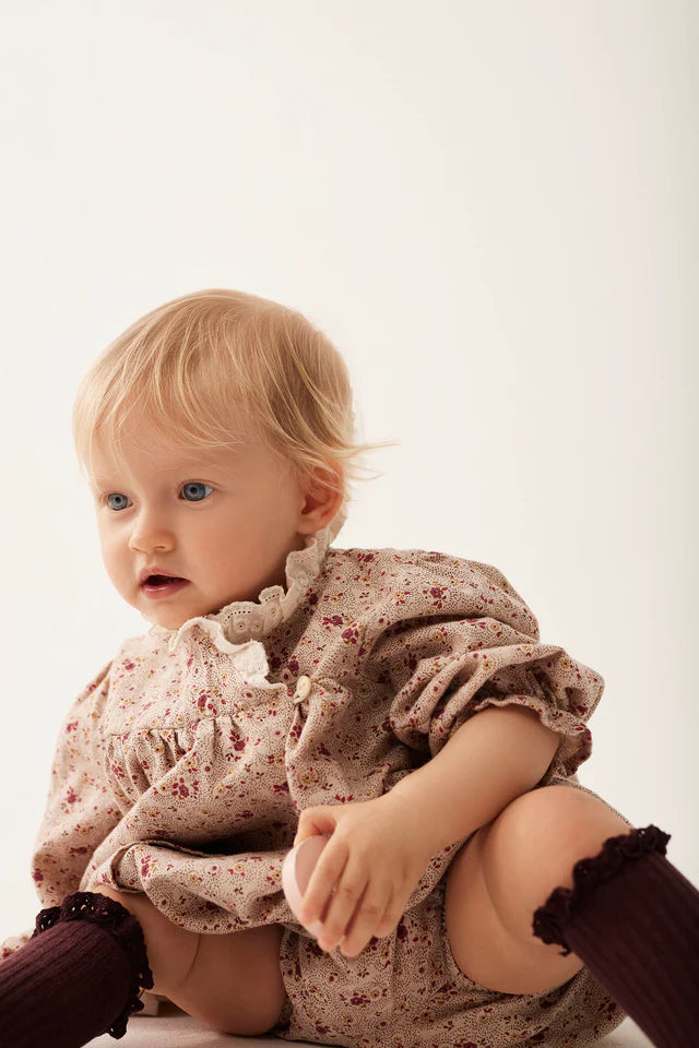 Mélange Floral Flannel Baby Dress, Stone
