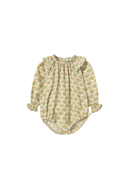 Textured Floral Print Romper, Green