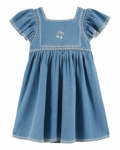 Embroidered Cherry Dress, Denim