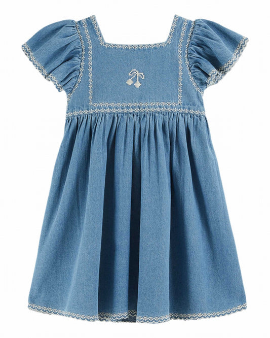 Embroidered Cherry Dress, Denim