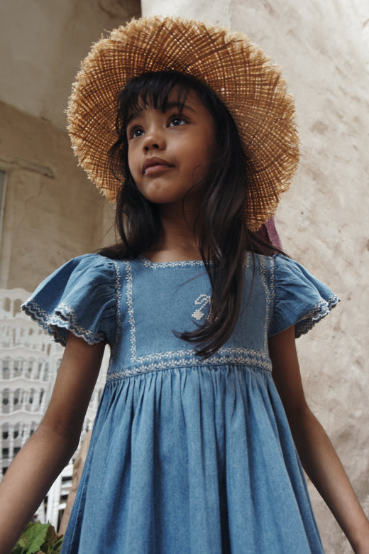 Embroidered Cherry Dress, Denim
