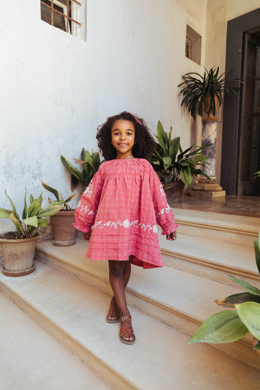 Tulip Pintuck Dress, Coral Crossstitch