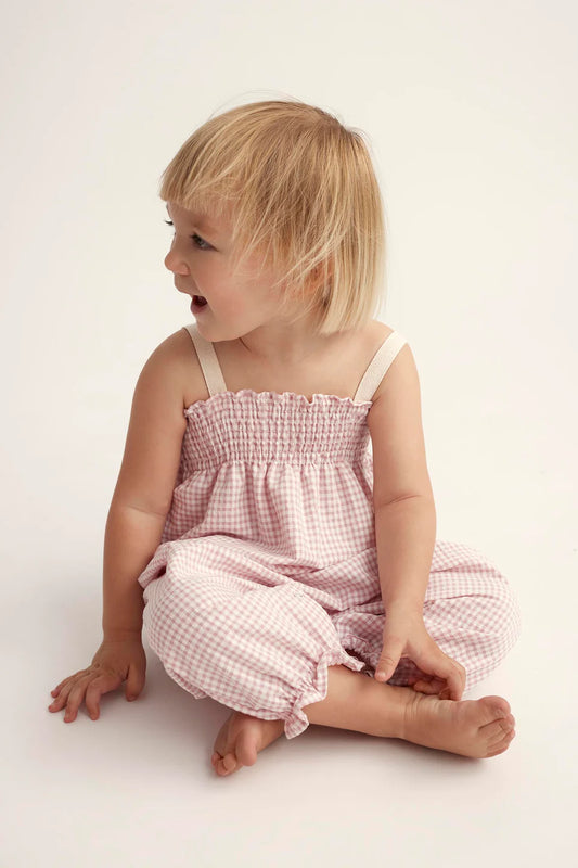 Cozmo Recycled Gingham Baby Overalls, Crystal Pink