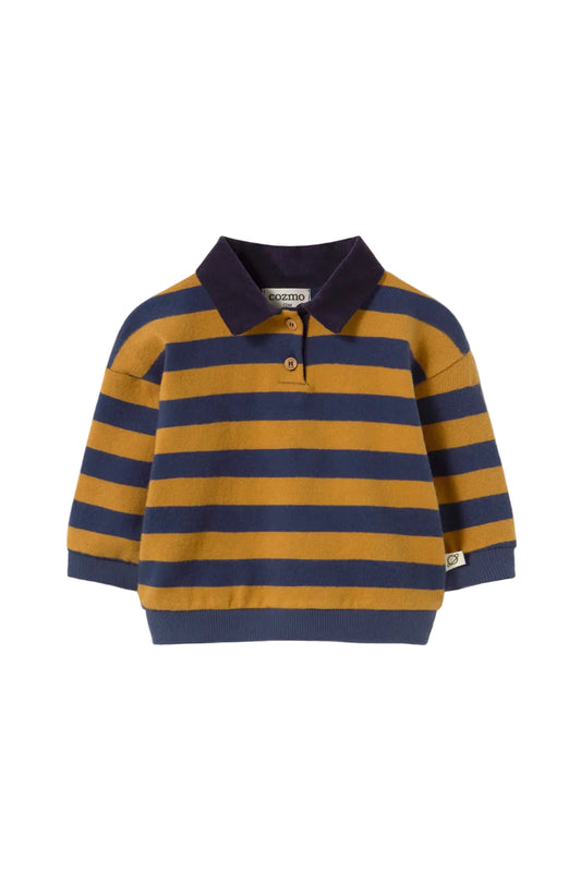 Striped Brushed Knit Baby Polo Sweater, Navy Biscuit