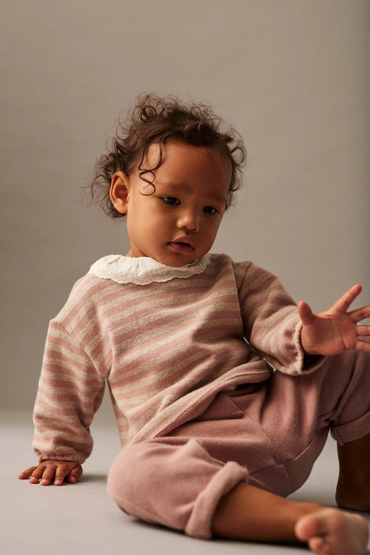 Soft Stripes Knit Baby Collar Sweater, Silver Pink